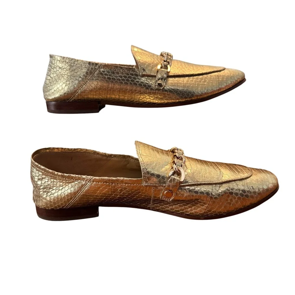 Karl Lagerfeld Paris Elsa Gold Metallic Snakeskin Chain Loafers Womans 9M
